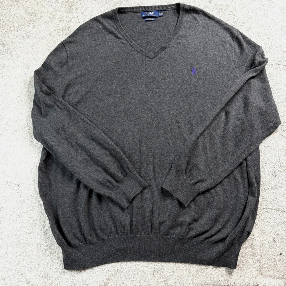 Polo Ralph Lauren Mens XXL Grey Pima Cotton V-Neck Sweater Purple Pony Logo